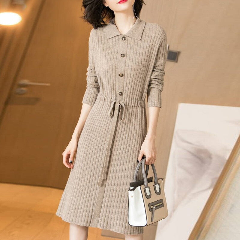 Waist Tie Mid-Length Solid Color Bottoming Knitted Dress