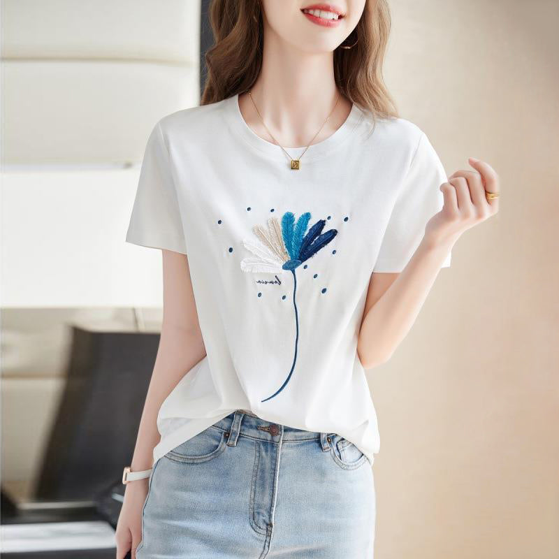 Embroidered Crew Neck Short Sleeve T-shirt