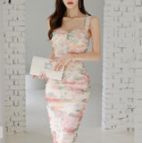 Temperament, elegant and thin printed floral suspender dress