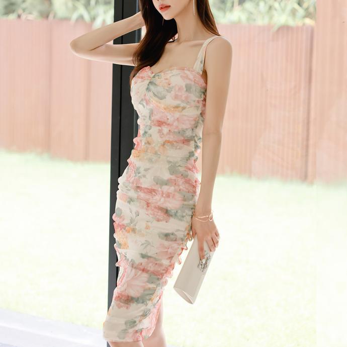Temperament, elegant and thin printed floral suspender dress