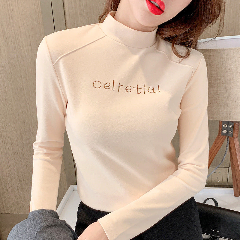 Letter Embroidered Mock Neck Casual Top