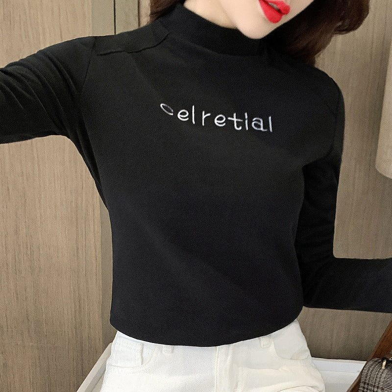 Letter Embroidered Mock Neck Casual Top