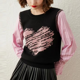 Heart Printing Jacquard Beaded False Two-Piece Patchwork Sweater