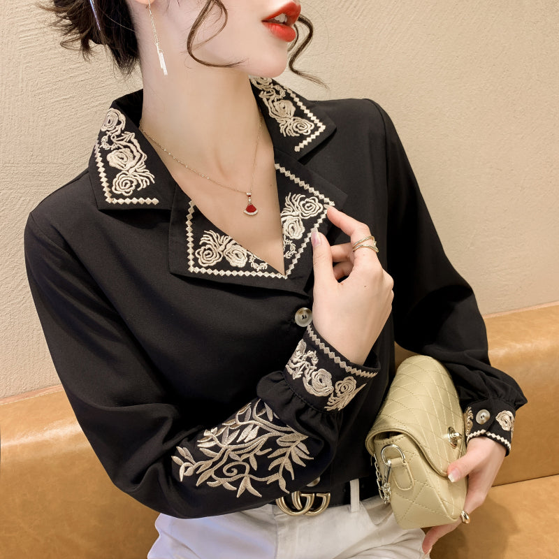Ladies Embroidered Lapel Elegant Shirt