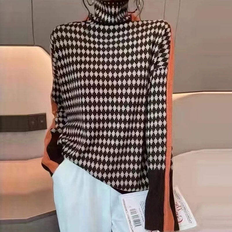 Houndstooth Stand Collar Bottoming Sweater