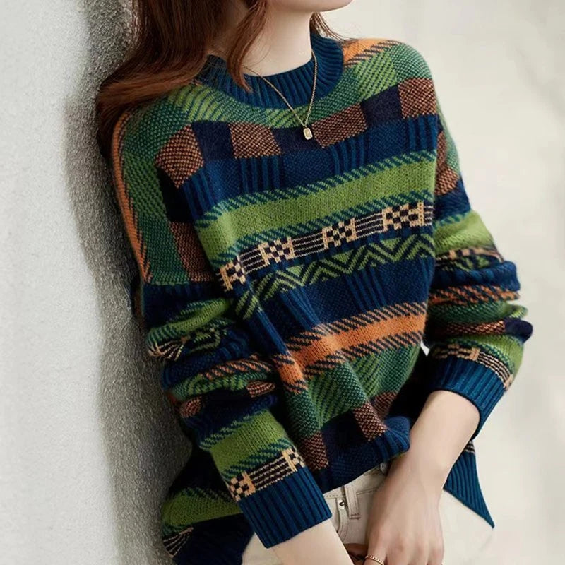 Geometric Print Striped Knitted Sweater