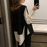 Collared Striped Shirt Knitted Vest Sets