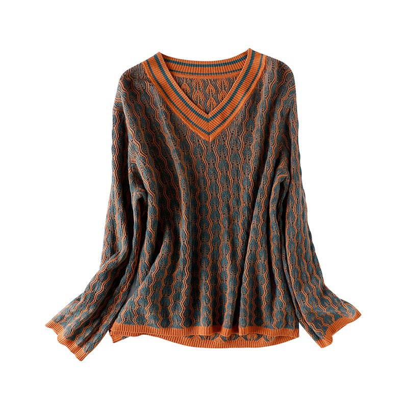 Retro elegant fashion all-match wave pattern v-neck color-block sweater