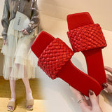 Woven Square Open Toe Flat Slippers