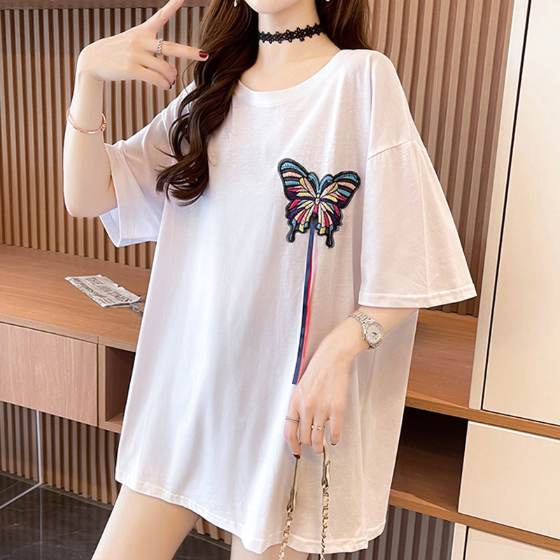 Mid Length Butterfly Printed Loose T-Shirt