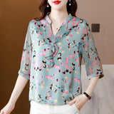 Printed Ruffled V-Neck Silk Blouses