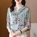 Printed Ruffled V-Neck Silk Blouses