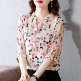 Printed Ruffled V-Neck Silk Blouses