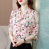 Printed Ruffled V-Neck Silk Blouses