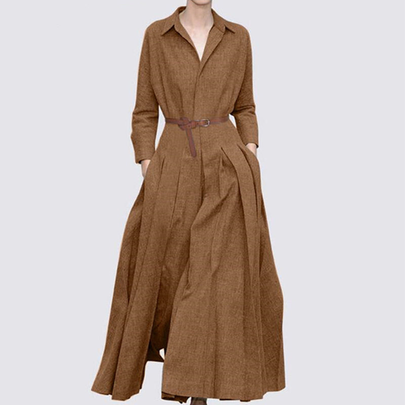 Solid Color Lapel Casual Dress（Belt not included）