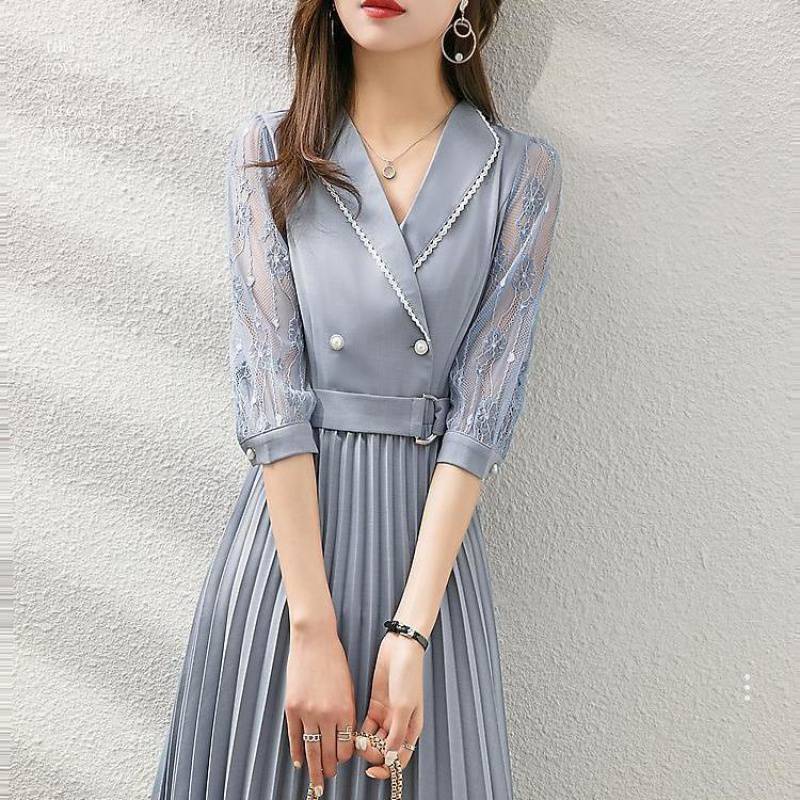 Fashionable temperament, all-match contrast color stitching pleated with suit-style dress
