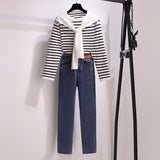 Shawl Striped Sweater Jeans 2-Piece Sets