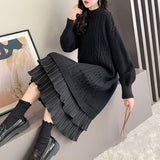Fashionable solid color hem stitching loose and lazy twist sweater dress
