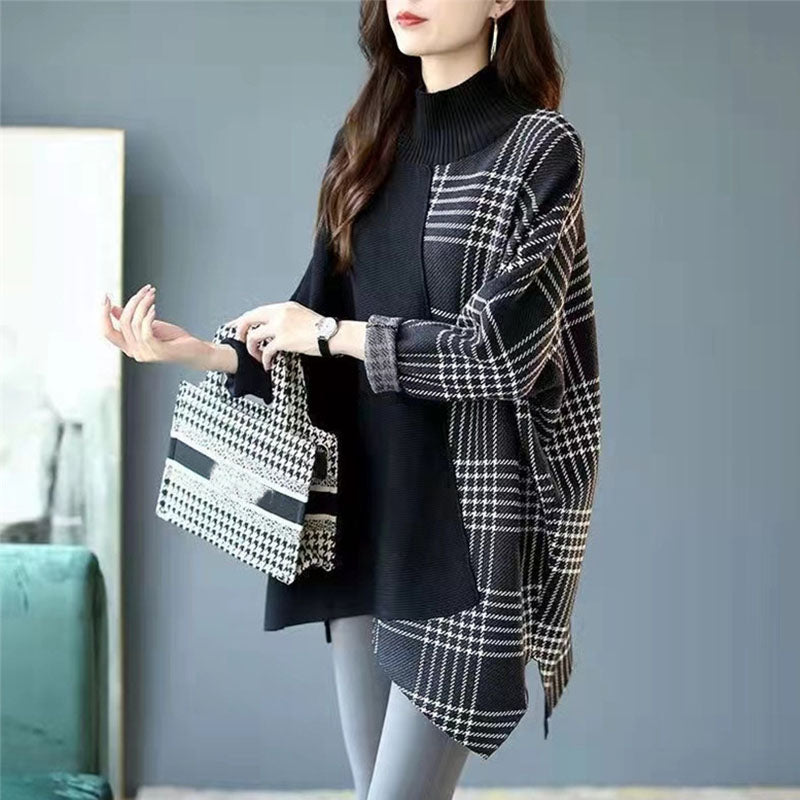Asymmetric Plaid Patchwork Knitted Sweater