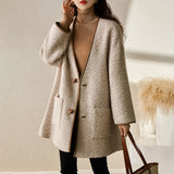Mid Length V-Neck Cashmere Woolen Coat