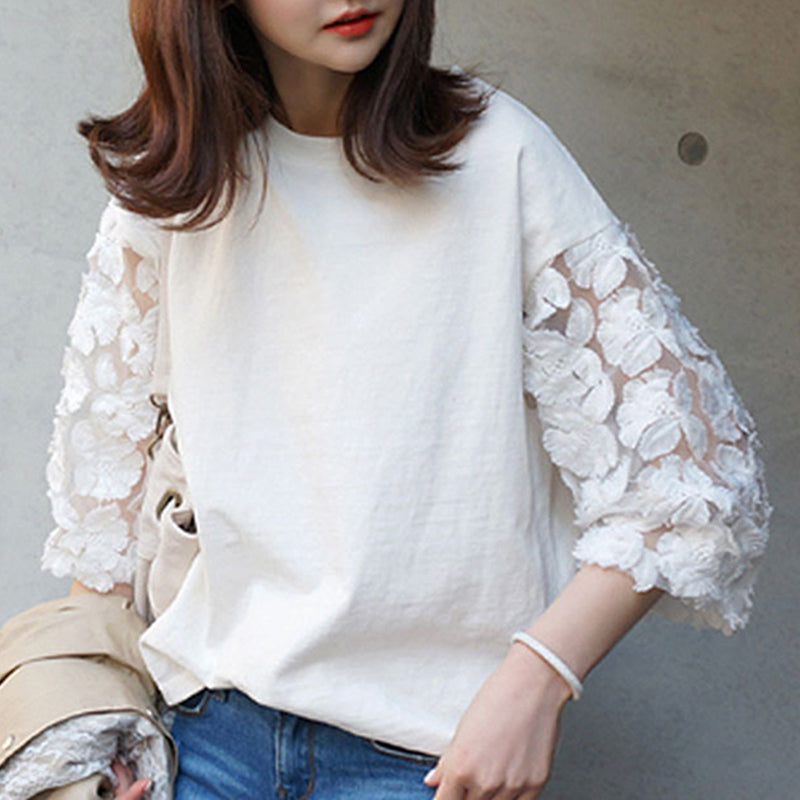 Lace Sleeve Solid Color Loose T-Shirt