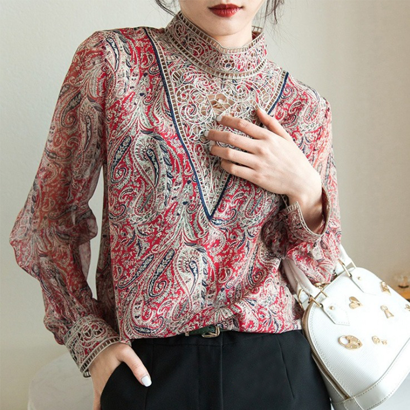 Lantern Sleeve Embroidery Mulberry Silk Top