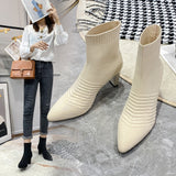 Fashion casual chunky-heeled knitted stretch pointy ankle boots