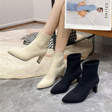 Fashion casual chunky-heeled knitted stretch pointy ankle boots