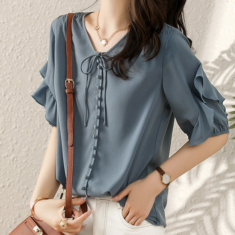 Ruffled Buckle Lace Up Loose Shirt