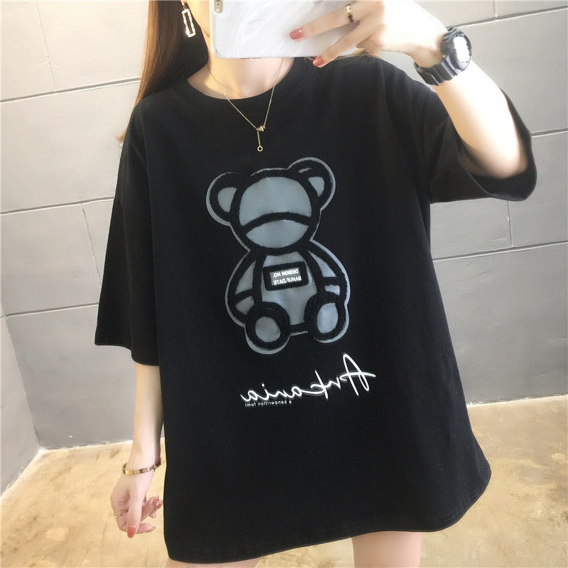 Round neck cartoon letter embroidery loose mid-length short sleeve t-shirt