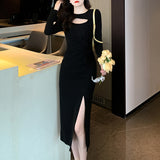 French Style Solid Color Twist Long Sleeve Dress