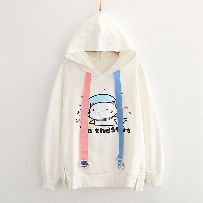 Kitty Letter Print Fish Planet Embroidery Drawstring Hoodie