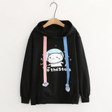 Kitty Letter Print Fish Planet Embroidery Drawstring Hoodie