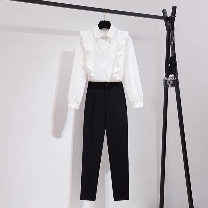 Chained Ruffled Shirt Suit Pants Sets