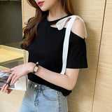 Cold Shoulder Lace Up Casual T-Shirt