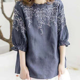 Embroidered Ruffled Cuff Loose Blouses
