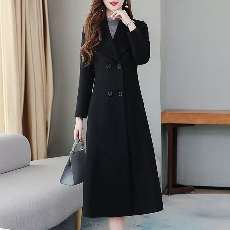 Double Breasted Collared Long Woolen Coat
