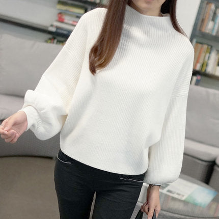 College style half high neck pullover sweater women loose lantern sleeve knit sweater
