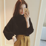 College style half high neck pullover sweater women loose lantern sleeve knit sweater
