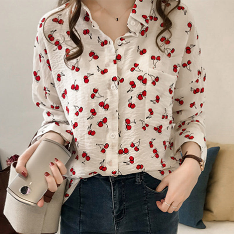 Cherry Printed Pocket Long Sleeve Shirt