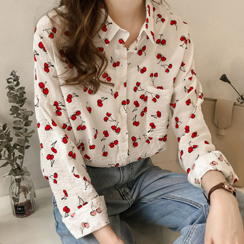 Cherry Printed Pocket Long Sleeve Shirt