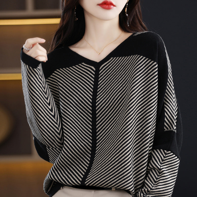 V-neck Color-Block Striped Knitted Top