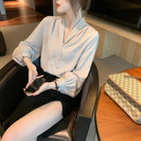 Fashion design sense versatile temperament chiffon V-neck long-sleeved shirt