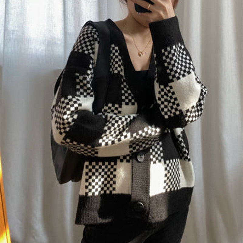 Black And White Check Sweater Jacket