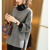 Stylish Contrasting Color Slit Turtleneck Sweatshirt