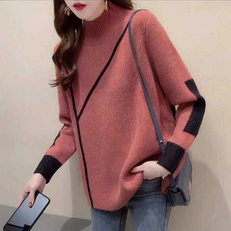 Fashion Solid Color Stitching Mock Neck Sweater
