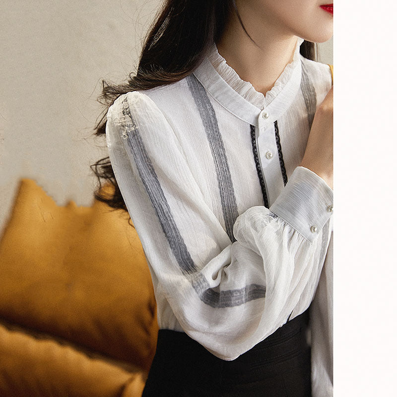 Elegant Stringy Selvedge Stand-up Collar Long Sleeve Shirt