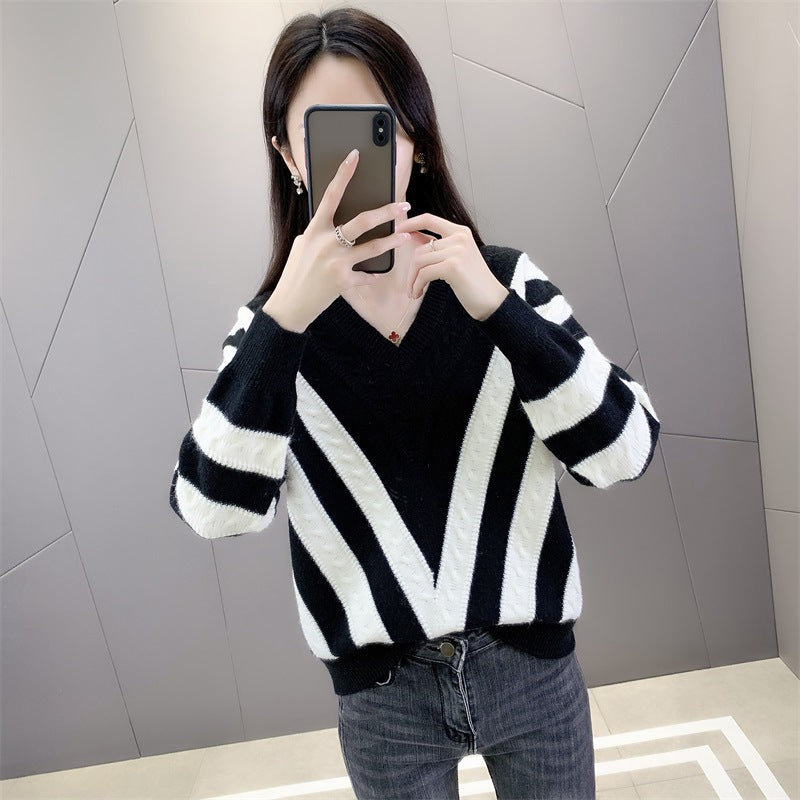 Elegant V-neck Striped Contrast Color Sweater