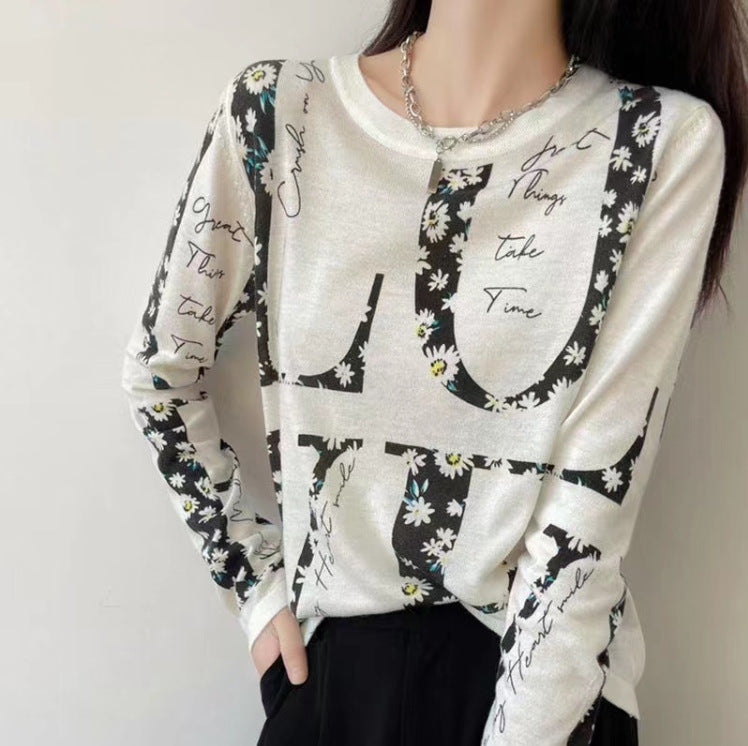 Letter Printed V-neck Knitted Thin Sweater