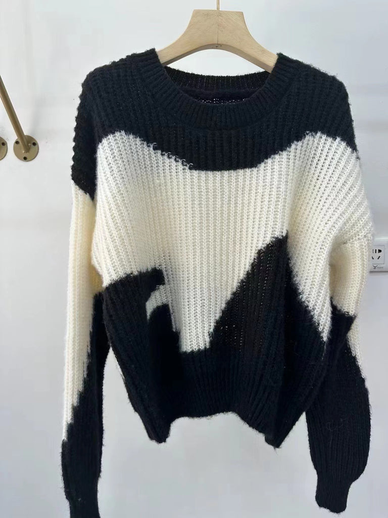 Vintage Contrast Color Round Neck Sweater